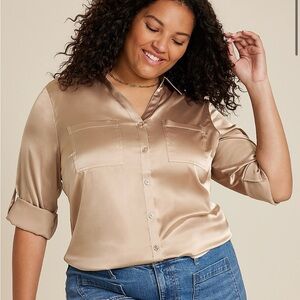 Maurices Satin Champagne Gold Tan Button Down Shirt Blouse
